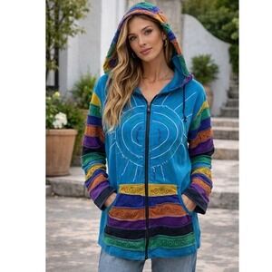 Agan Traders Patchwork Hoodie Women XL Blue Boho Sunburst Pixie Zip Up Excellent